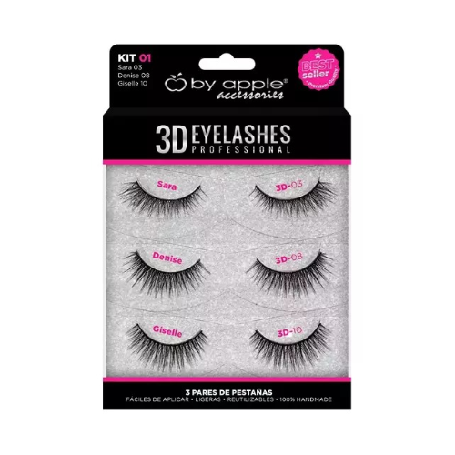 Pestanas 3D Eyelashes 3 Pares Kit 01 By Apple 64952