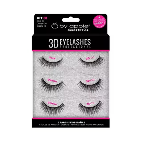 Pestanas 3D Eyelashes 3 Pares Kit 01 By Apple 64952